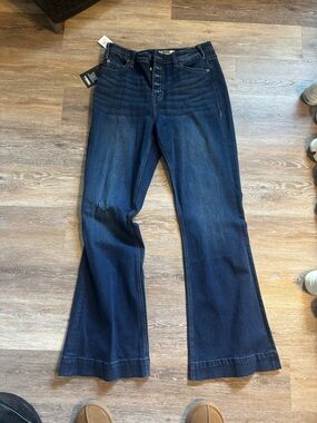 Button-Fly Dark Blue Flare Jeans for Women